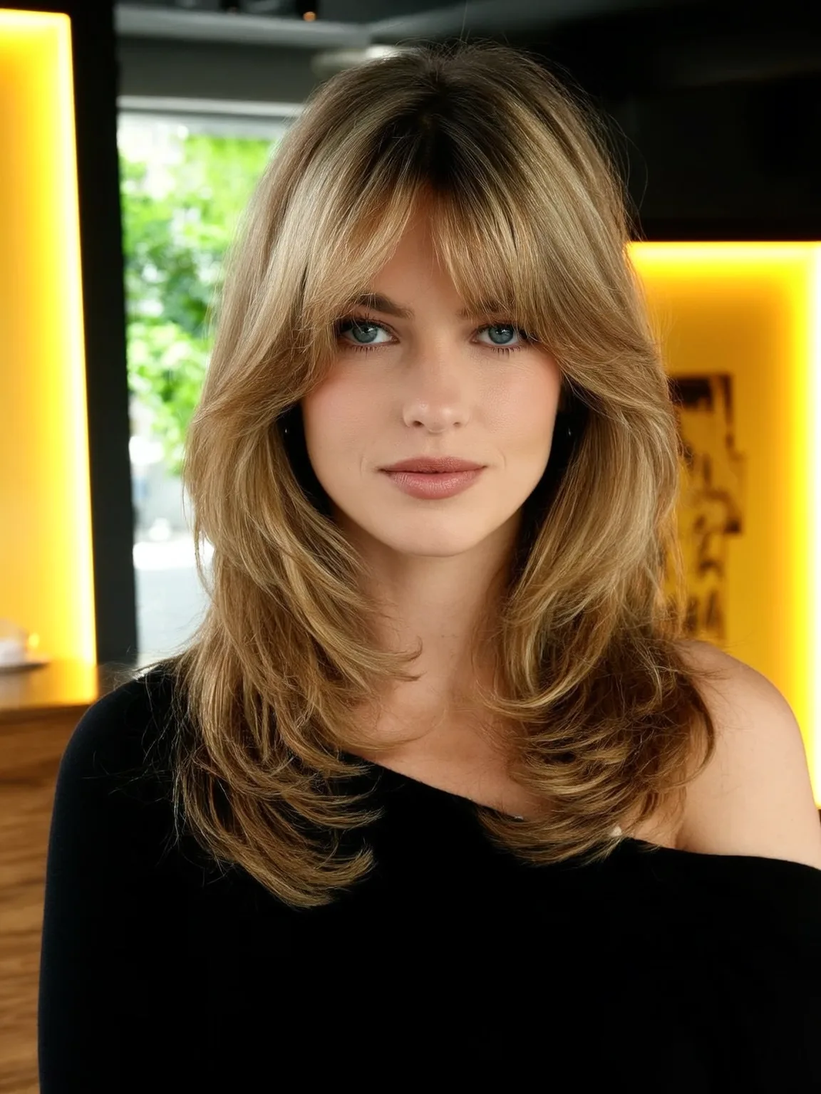 Warm Caramel Medium Layered Cut with Curtain Bangs